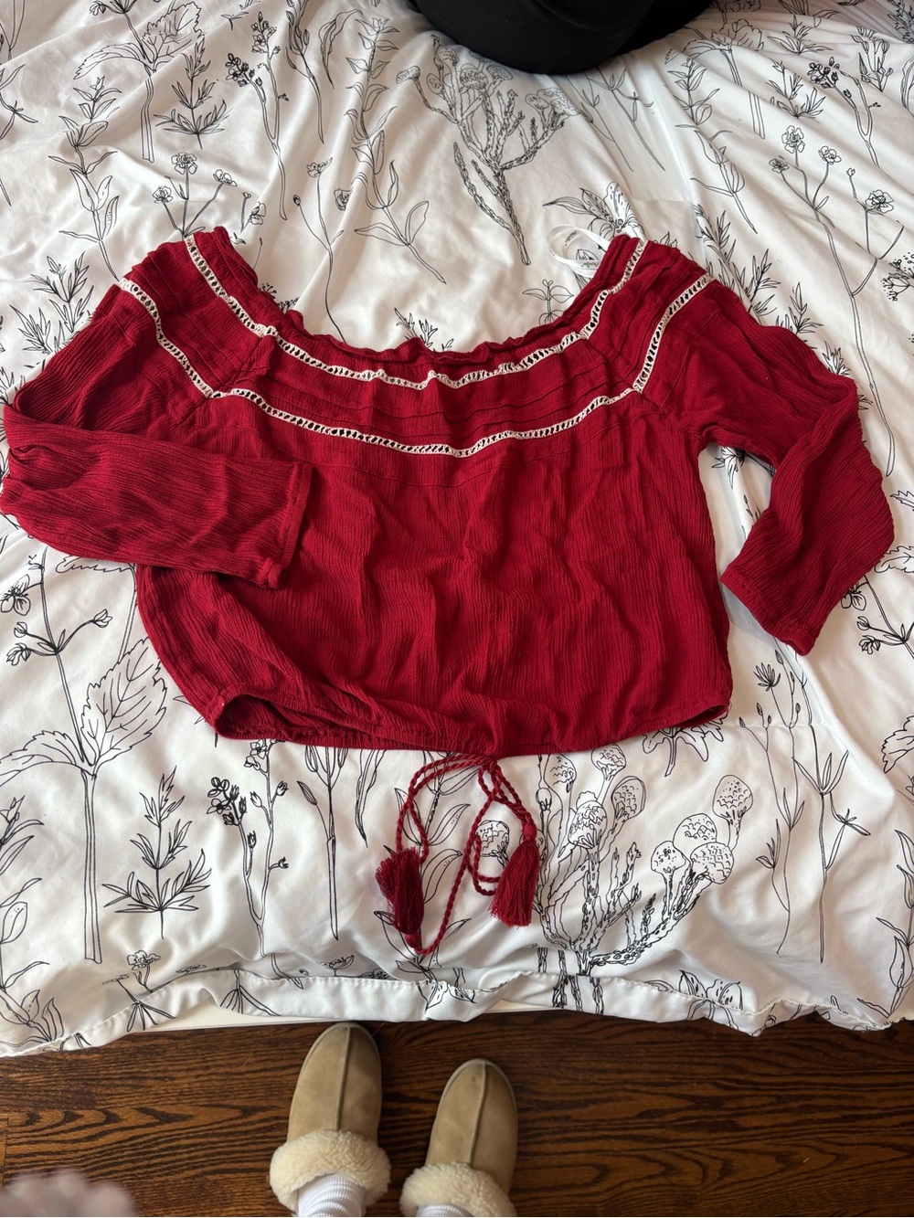 Papaya Red Off-Shoulder Crop Top with Tassel Tie